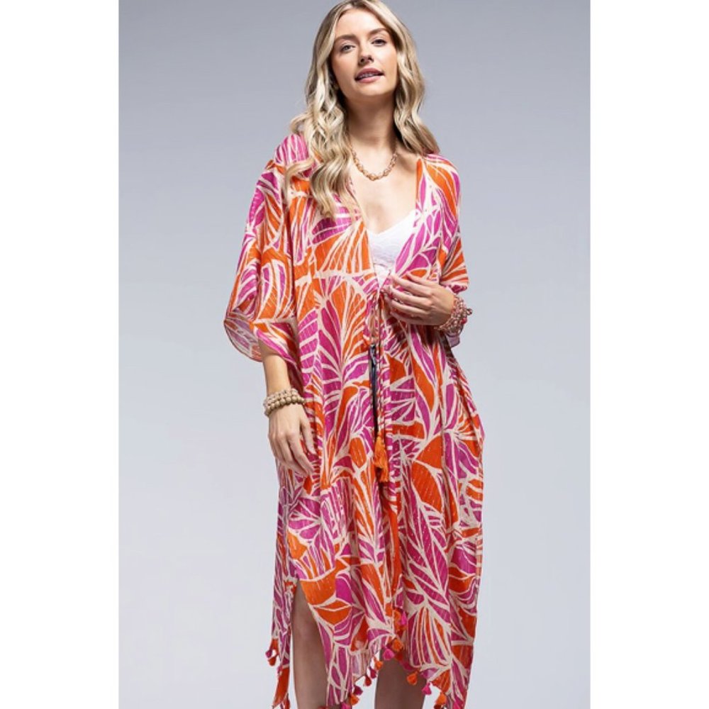 Chelsea Metallic Stripe Palm Leaf Tropical Coverup Open Wrap Kimono Top One Size - Picture 4 of 7